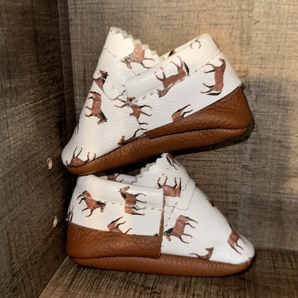 MISH MOCCS Kids Leather Moccasins with Horse Print- size NB
